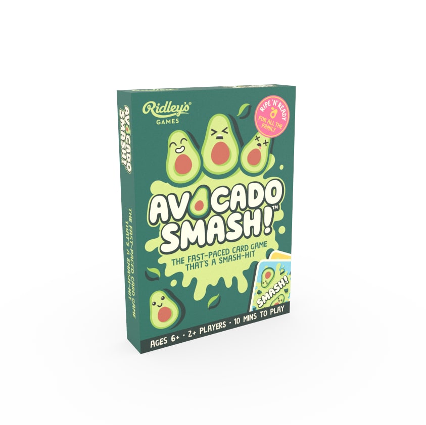 Avocado Smash! card game box with avocados on a green background